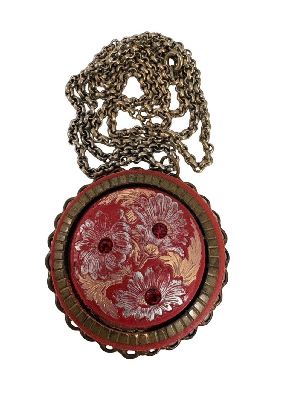 Vintage 1940s Red Reverse Carved Lucite Floral Pendant Necklace